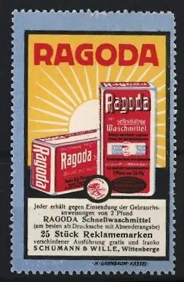 Reklamemarke Wittenberge, Ragoda Schnellwaschmittel, Schumann & Wille, Waschmittelverpackung