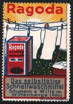 Reklamemarke Wittenberge, Ragoda Schnellwaschmittel, Schumann & Wille, Wäscheleine und Waschmittelpackung