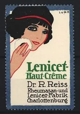 Reklamemarke Charlottenburg, Lenicet-Haut-Crème, Frau trägt Hautcreme auf