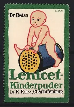 Reklamemarke Charlottenburg, Dr. R. Reiss Lenicet-Kinderpuder, Baby auf Puderstreuer