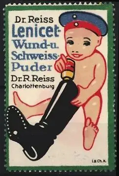 Reklamemarke Charlottenburg, Dr. R. Reiss Lenicet Wund-u. Schweiss-Puder, Kind mit Stiefel