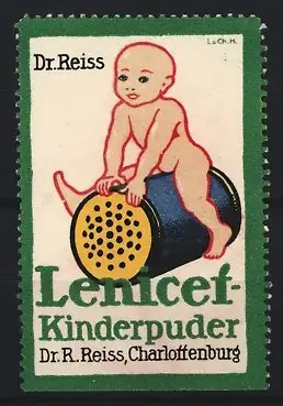 Reklamemarke Charlottenburg, Dr. R. Reiss Lenicet-Kinderpuder, Baby auf Puderflasche