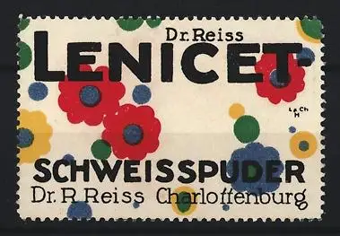 Reklamemarke Charlottenburg, Dr. Reiss Lenicet Schweisspuder, bunte Blumenmuster