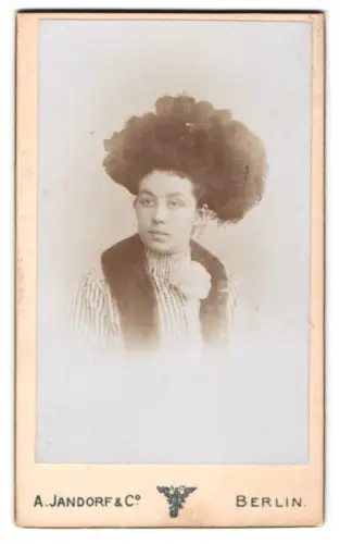 Fotografie A. Jandorf & Co, Berlin, Grosse Frankfurterstr. 113, Porträt einer Dame mit auffälligem Hut