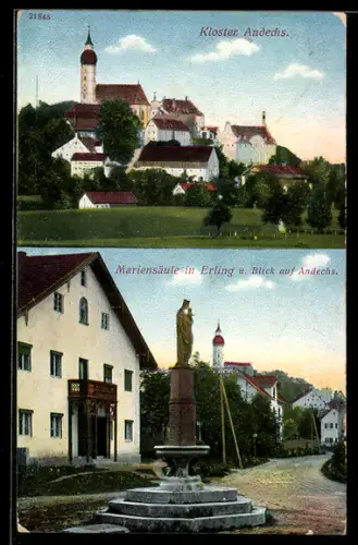 AK Andechs, Kloster Andechs, Mariensäule in Erling, Blick auf Andechs