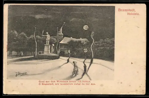 Wirtshaus-AK Bramstedt /Holstein, Strassenpartie mit Denkmal bei Mondschein aus der Sicht eines Betrunkenen
