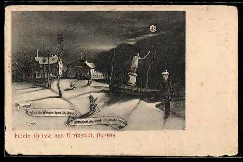 Wirtshaus-AK Bramstedt /Holstein, Strassenpartie mit Denkmal bei Mondschein aus der Sicht eines Betrunkenen
