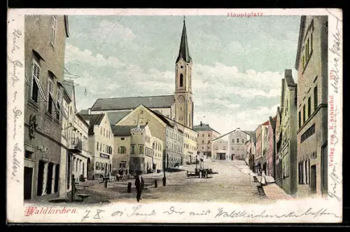 AK Waldkirchen, Partie am Hauptplatz mit Blick auf Kirchturm