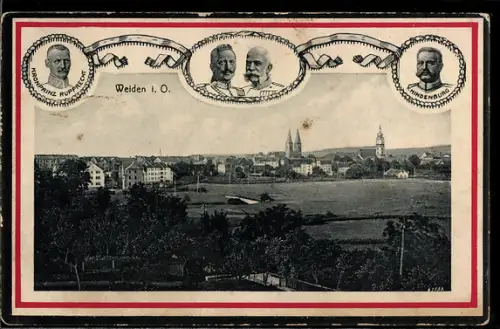 AK Weiden i. O., Teilansicht mit Kirche, Kaiser Wilhelm II. und Kaiser Franz Joseph I.