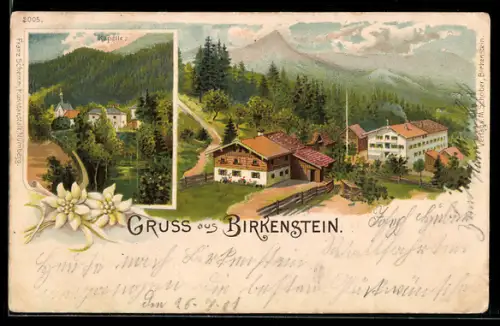 Lithographie Birkenstein, Totalansicht aus der Vogelschau, Kapelle