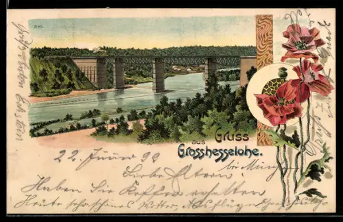 Lithographie Grosshesselohe, Blick zum Wasser und zur Brücke