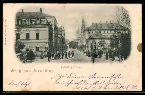 AK Straubing, Bahnhofstrasse mit Hotel Filser