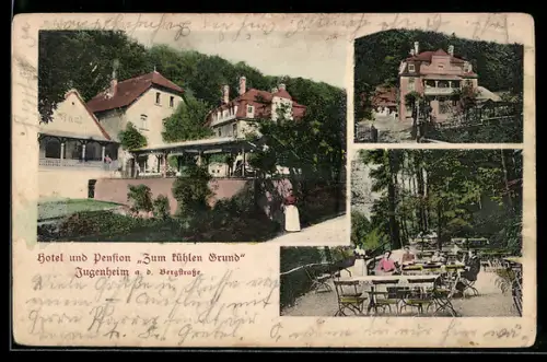 AK Jugenheim a. d. Bergstrasse, Hotel und Pension Zum kühlen Grund, Saal, Terrasse