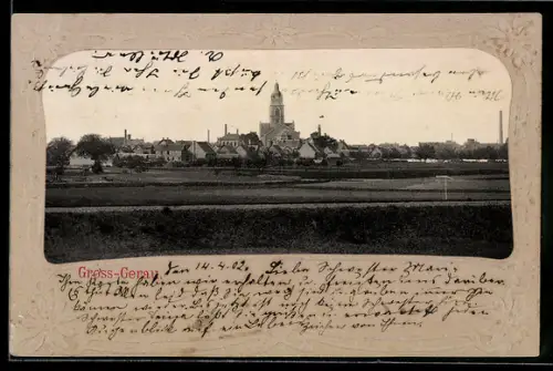 Lithographie Gross-Gerau, Teilansicht mit Kirche, Edelweiss, Passepartout