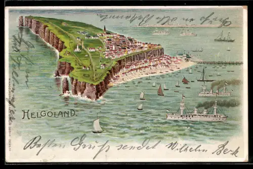 Lithographie Helgoland, Gesamtansicht mit Schiffen und Segelschiffen