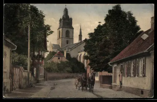 AK Gross-Gerau, Hellwigstrasse mit Blick auf die evangelische Kirche