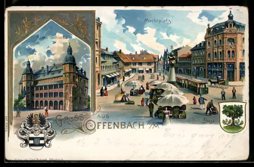 Lithographie Offenbach /Main, Altes Schloss und Marktplatz mit Ständen