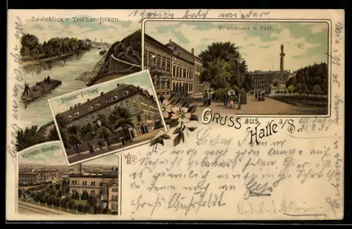 Lithographie Halle / Saale, Klinische Anstalten, Promenade u. Post, Salleblick v. Trothaerfelsen