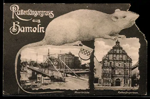 AK Hameln, Weserbrücke mit Rattenfängerhaus und Stadtwappen