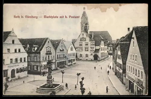 AK Roth b. Nürnberg, Marktplatz mit Geschäften und k. Postamt