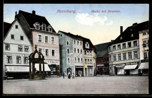 AK Merseburg, Partie am Markt mit Brunnen