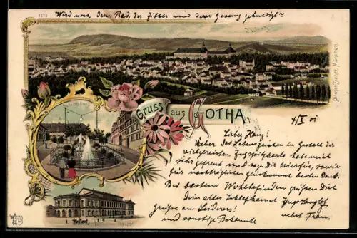 Lithographie Gotha, Panoramaansicht, Schlossberg, Theater
