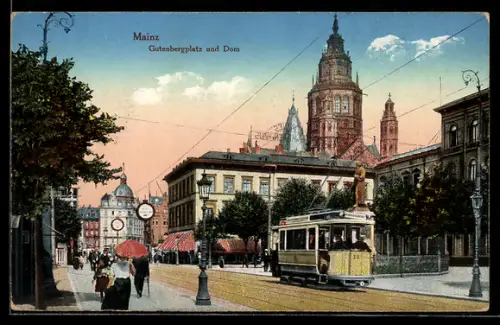 AK Mainz, Gutenbergplatz und Dom, Strassenbahn