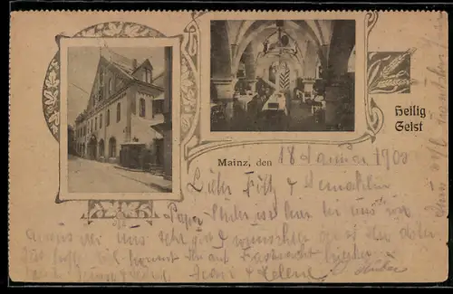 Lithographie Mainz, Gasthaus Heilig Geist, Innenansicht, Passepartout
