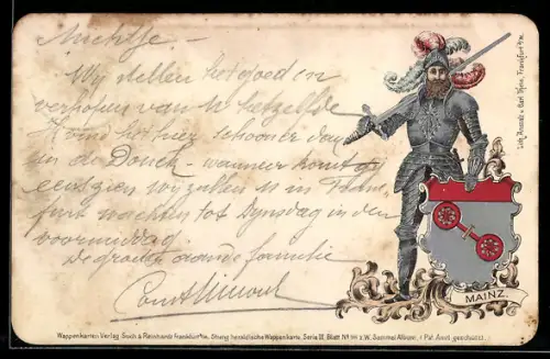 Lithographie Mainz, Ritter in Rüstung mit Wappen