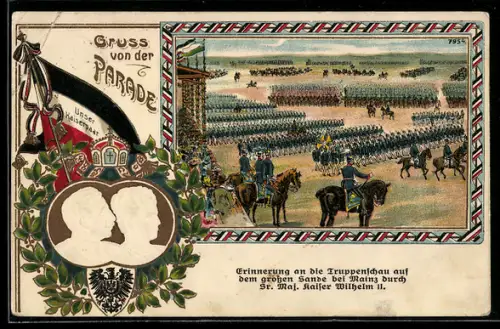 AK Kaisermanöver, Portrait Kaiser Wilhelm II. & Auguste Viktoria, Militärparade, Reichsfahne