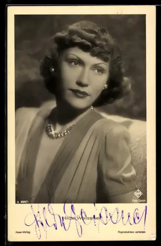 AK Schauspielerin Hilde Weissner mit Halskette, Autograph