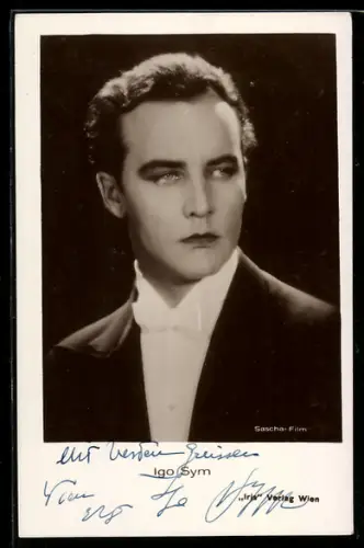 AK Schauspieler Jgo Sym mit weisser Fliege, Autograph