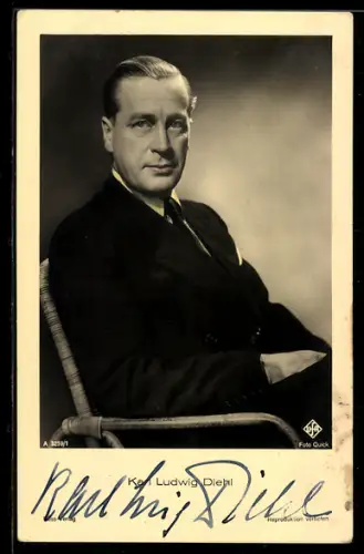 AK Schauspieler Karl Ludwig Diehl, sitzend im Portrait, Autograph