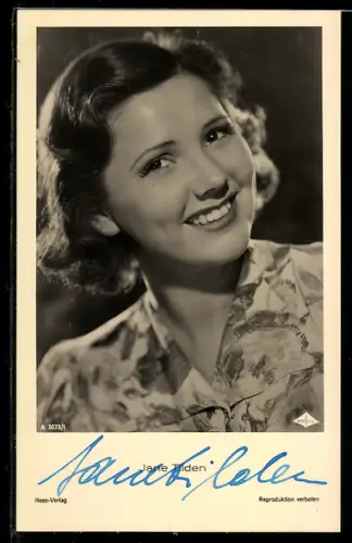 AK Schauspielerin Jane Tilden, von vorn in einer Bluse abgelichtet, Autograph