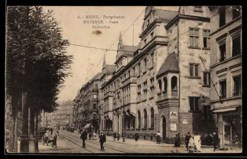 AK Mainz, Strassenpartie am Postgebäude