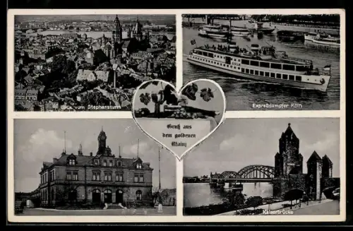 AK Mainz, Blick vom Stephansturm mit Kirche, Expressdampfer Köln, Kaiserbrücke