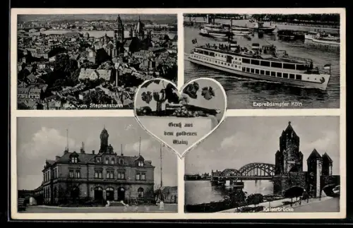 AK Mainz, Blick vom Stephansturm mit Kirche, Expressdampfer Köln, Kaiserbrücke