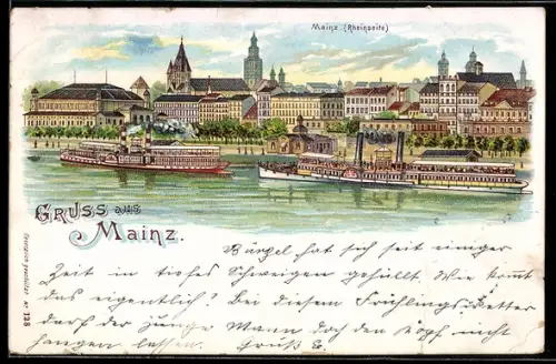 Lithographie Mainz, Wasserblick von der Rheinseite