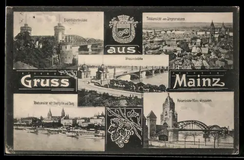 AK Mainz, Rheinansicht mit Stadthalle und Dom, Strassenbrücke, Eisenbahnbrücke