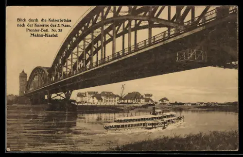 AK Mainz-Kastel, Blick durch die Kaiserbrücke nach der Kaserne des 2. Nass. Pionier-Bataillons Nr. 25