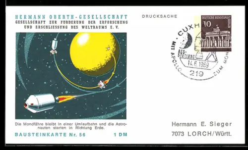 AK Hermann Oberth-Gesellschaft zur Erforschung des Weltraums, Start der Astronauten Richtung Erde, Ganzsache