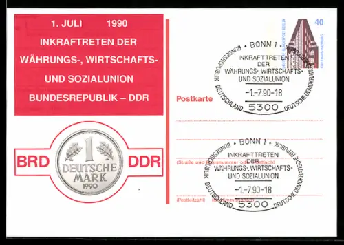 AK Inkraftreten der Währungs-, Wirtschafts- und Sozialunion DDR und BRD, Ganzsache