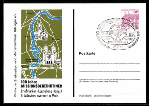 AK Münsterschwarzach a. Main, 100 Jahre Missionsbenediktiner mit Landkarte, Ganzsache