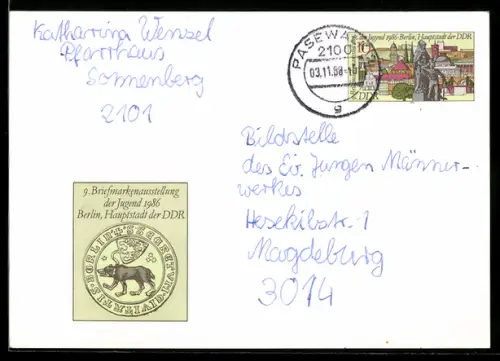 AK Berlin, 9. Briefmarkenausstellung der Jugend 1986, Ganzsache