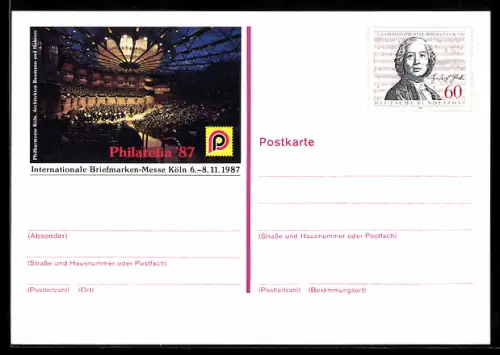 AK Köln, Internationale Briefmarken-Messe Philatelia 1987, Ganzsache
