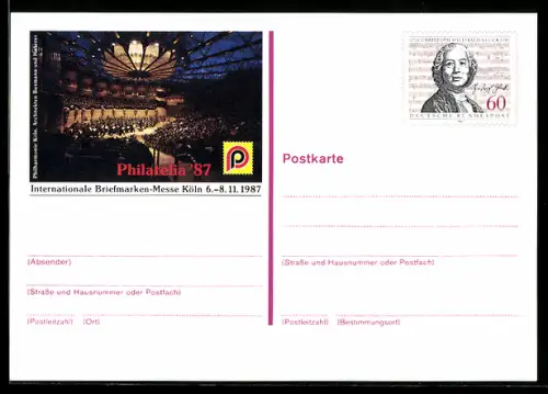 AK Köln, Internationale Briefmarken-Messe Philatelia 1987, Ganzsache