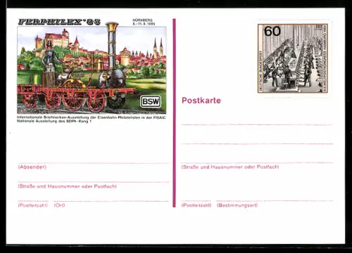 AK Nürnberg, Internationale Briefmarken-Ausstellung der Eisenbahn-Philatelisten, Ferphilex 1985, Ganzsache