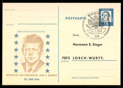 AK Besuch des US-Präsidenten John F. Kennedy mit Portrait 1963, Ganzsache