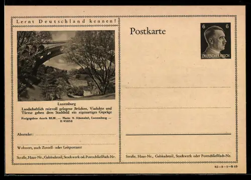 AK Luxemburg, Ortspartie mit Brücke, Ganzsache Lernt Deutschland kennen