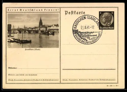 AK Frankfurt /Main, Teilansicht der Stadt mit Mainbrücke, Ganzsache Lernt Deutschland kennen